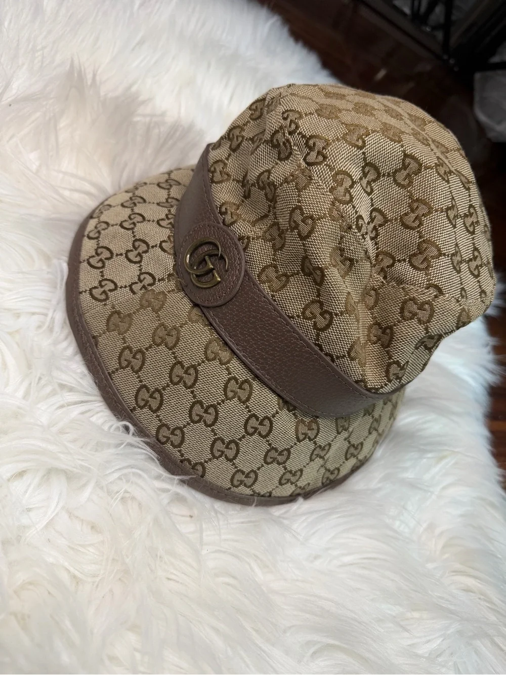Gucci Tan/Brown GG Monogram Leather-Trim Cap